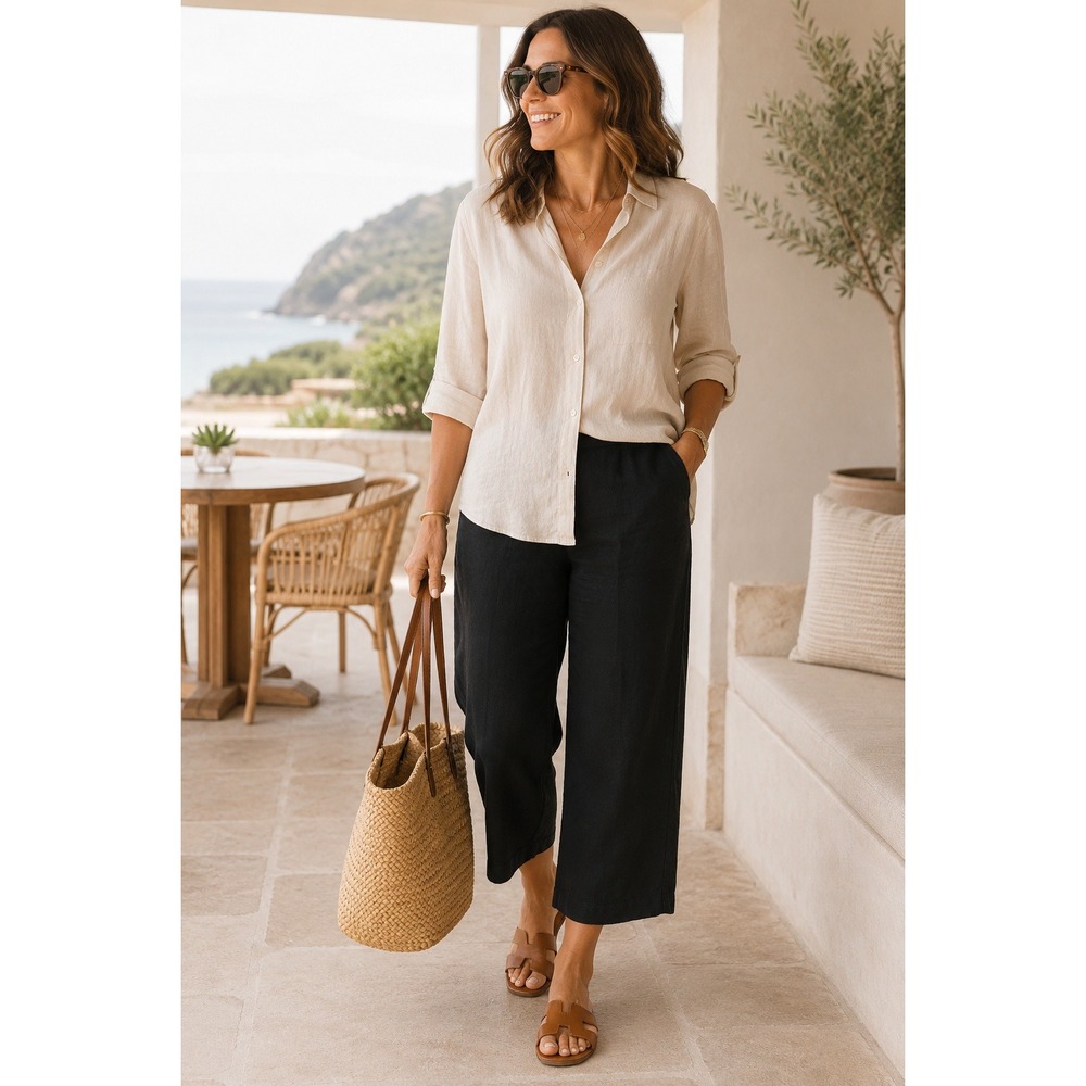FLAX Linen Pants Womens S Black Wide Leg Crop Pull On Resort Travel